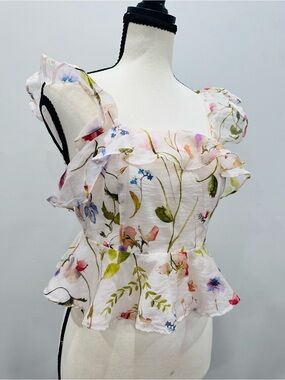 H&M NWT Floral Ruffle Peplum Top - Pale Pink Pastel Floral Print Size Small